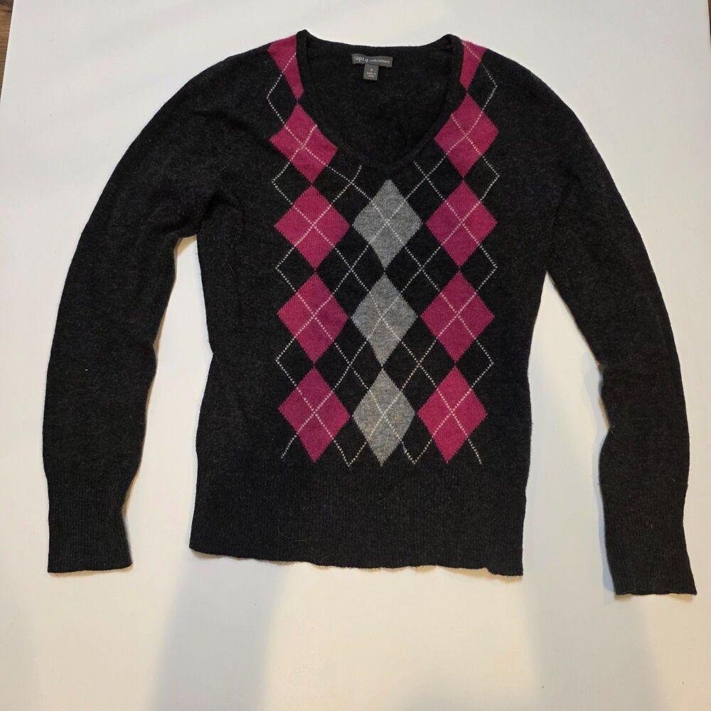 Apt. 9 100% Cashmere Argyle Sweater Women’s Small Black Pink Gray V-Neck